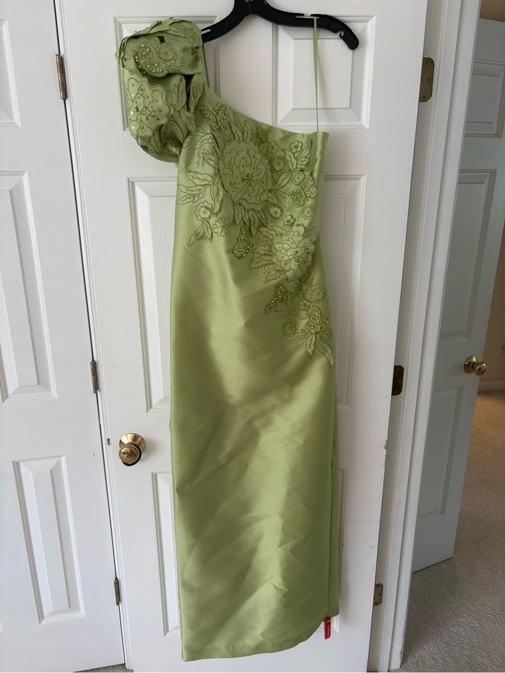 Badgley Mischka Lime One Shoulder Gown with Floral Appliqué - Picture 2 of 3
